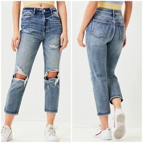 Pacsun Medium Wash High Rise Ripped Distressed Mom Jeans - Picture 1 of 5